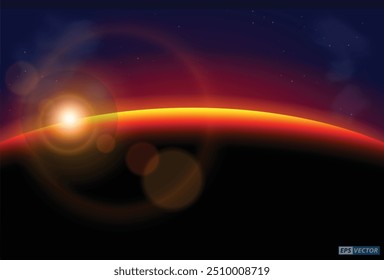 An Illustration of Cosmic Sunrise Over Earth Horizon depicts a breathtaking cosmic sunrise as viewed from space, with the sun's rays emerging over the curved horizon of Earth. The deep blues and black