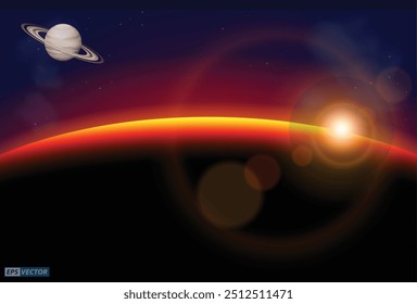 Eine Illustration des kosmischen Sonnenaufgangs über dem Erdhorizont zeigt einen atemberaubenden kosmischen Sonnenaufgang aus dem All betrachtet, wobei die Sonnenstrahlen über dem gekrümmten Horizont der Erde auftauchen. Der tiefe Blues und das Schwarz