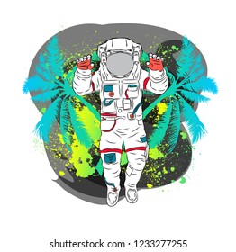 
Illustration of cosmonaut on the background of palm trees. Vector illustration.