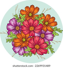 Illustration of cosmos flower with leaf on soft green circle color background