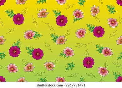 Illustration of cosmos flower with leaf on yellow and green gradient color.