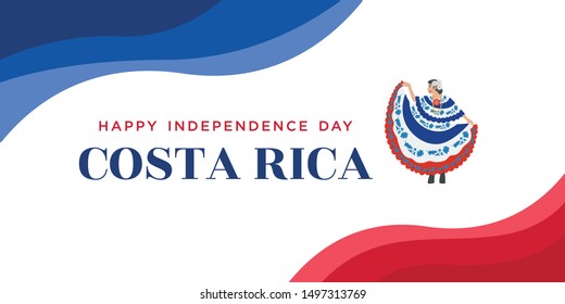 Illustration of Costa Rican women in local dress and Flag of Costa Rica waving, Happy Independence day banner, Vector