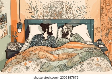 Illustration of Cosy Couple in Bed Gay LGBTQ