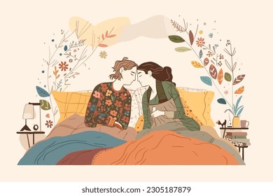 Illustration of Cosy Couple in Bed Gay Lesbian LGBTQ