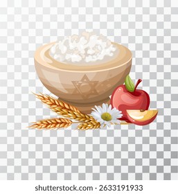 Illustration cottage cheese harvest jewish holiday Shavuot. Jug of milk, olives, ears of wheat, shavuot holiday. Isolate on a white background. The illustration is drawn by hand. Handmade. Vector