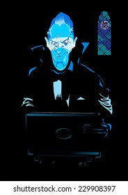 An illustration of Count Dracula holding a laptop in his dark room. Count Dracula with notebook