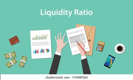 Illustration Of Counting Liquidity Ratio With Paperworks, Calculator And Money On Top Of Table