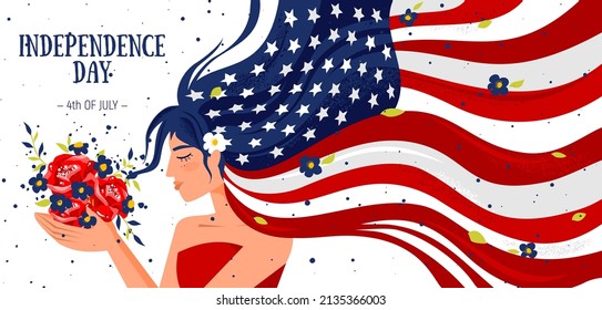 Illustration of the country of America, the national flag and the national holiday of America. America's Independence Day is July 4th.