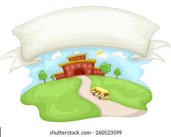 Illustration of a Country School Under a Large Blank Banner 