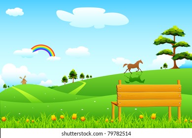 illustration of countryside rural scene with park bench