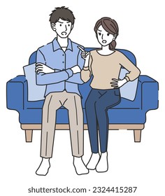 The illustration of couple arguing on sofa