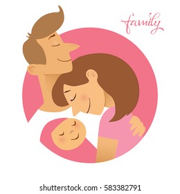 Illustration of couple with baby. Concept of maternity, love and care. 
