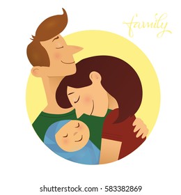 Illustration of couple with baby. Concept of maternity, love and care. 