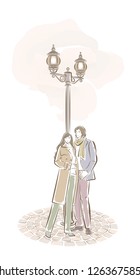 Illustration of a couple and the background