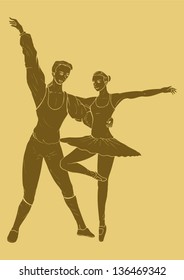 Illustration of a couple ballet dancing in carved style illustration