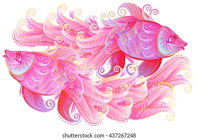 Illustration of couple of beautiful pink fishes playing, vector cartoon image.