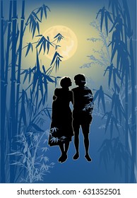 illustration with couple between blue bamboo plants