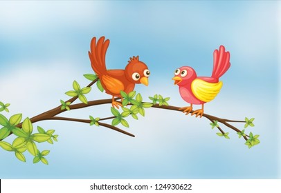 Illustration of a couple bird in a thin branch of tree