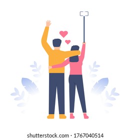 illustration of a couple or a boy and girl taking a selfie. the concept of dating and relationships, boyfriends and girlfriends. flat design. can be used for elements, landing pages, UI, website