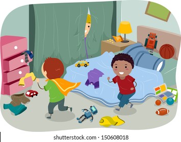 Illustration of a Couple of Boys Playing in a Typical Boy's Room