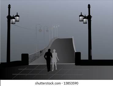 ilustración con pareja, puente y niebla