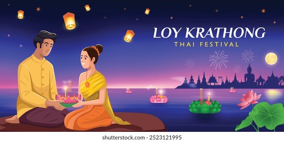 Ilustração de um casal celebrando Loy Krathong, krathongs flutuantes na água com lanternas no céu, contra um pano de fundo de templos tailandeses, fogos de artifício, e uma lua cheia.