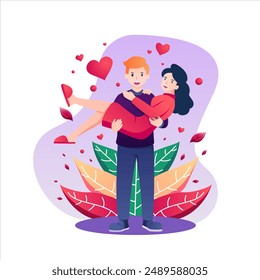 illustration of a couple celebrating Valentine's Day and holding their partner with love