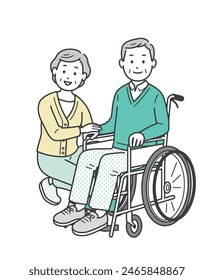 Illustration of a couple consisting of an elderly man in a wheelchair and an elderly woman assisting him