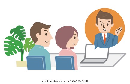 Illustration of a couple consulting online with a businessman