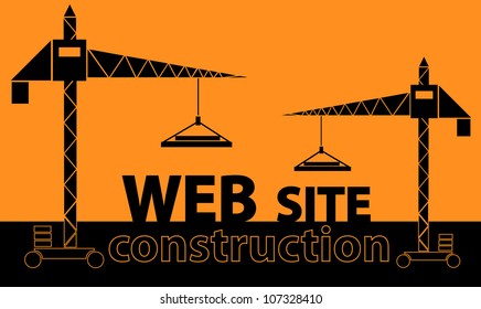 illustration of couple cranes building text 'web site' over orange background