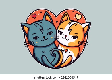 illustration of couple cute cat in love, animal valentine day card invitation background vector flat color style