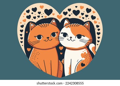 illustration of couple cute cat in love, animal valentine day card invitation background vector flat color style
