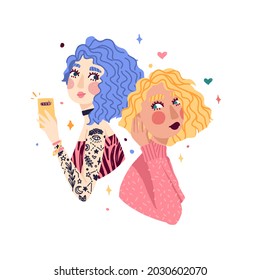 Illustration of couple cute girls with blue and blonde wavy hair. Girls make selfie with phone. Banner of girlfriends with tattoo and choker. Portrait two women. Vector