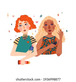 Illustration of couple cute girls with wavy blonde and red hair. Women uses a comb for curly hair and cosmetic bottles. Banner for hair care design. Curly girl method concept. Vector.