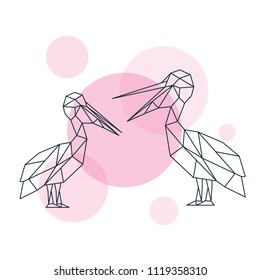 Illustration of Couple cute Pelicans in geometric style.. Minimal summer print. Vector print.