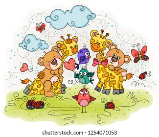 Illustration with couple of cute teddy bears and giraffes