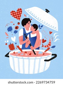 Illustration of couple daily life interaction. Sweet couple smile at each other while cooking a pot of delicious food together.