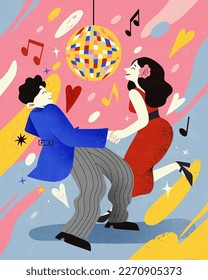 Illustration of couple daily life interaction. Happy couple enjoy dancing with each other on dance party under disco ball decoration.
