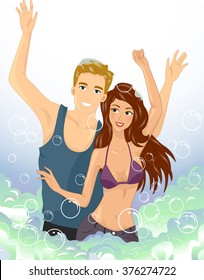 Illustration of a Couple Dancing at a Bubble Party