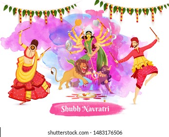 Illustration of couple dancing with dandiya stick in front of Goddess Durga Maa on occasion of Subh Navratri concept. Can be used as poster or banner design.