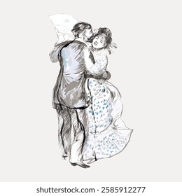 Illustration of a couple dancing. The man and woman are elegantly dressed, engaged in a dance. The couple shares a graceful moment in this artistic depiction. Vintage art illustration, vector.illustra