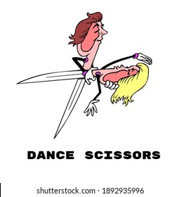 Illustration of a couple dancing in the shape of scissors. Idea concept