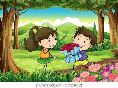 Illustration of a couple dating at the woods