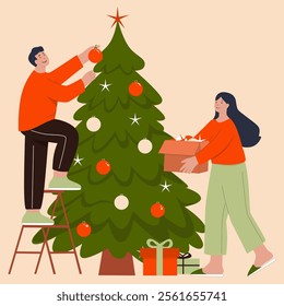 Illustration of a couple decorating a Christmas tree in preparation for the New Year. A man on the ladder is hanging a ball, a woman helps with box toys. There are boxes with gifts under the tree.  