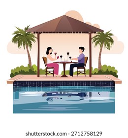 Illustration of a couple dining at a table under a canopy near a pool. Palm trees and lush greenery frame the scene. Bright colors and flat design create a cheerful atmosphere.