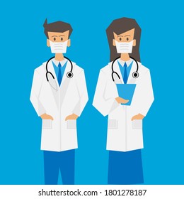 Illustration couple doctor character on blue background