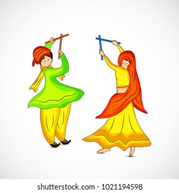 Illustration of couple doing folk garba dance for the occasion of Hindu festival Navratri