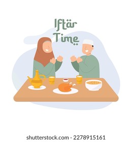 Illustration couple doing iftar time vector 