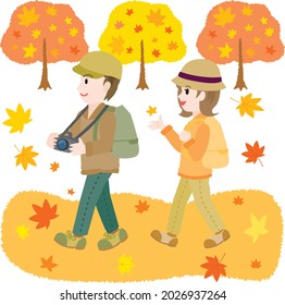Illustration of a couple doing maple-tree viewing