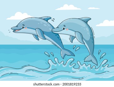 Illustration of a couple of dolphins jumping out of the sea 